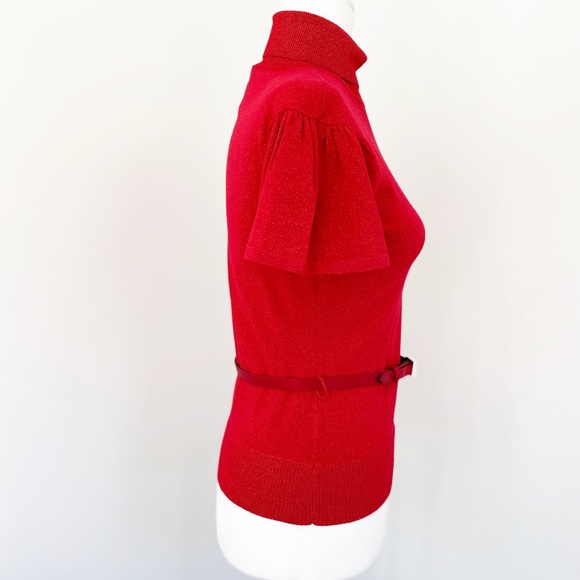 Metallic Red Turtleneck Flutter Sleeve Belted Top - Picture 6 of 8